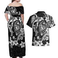 Guam Dolphins Tribal Tattoo Couples Matching Off Shoulder Maxi Dress and Hawaiian Shirt Polynesian Art and Tropical Flower Grayscale