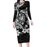 Guam Dolphins Tribal Tattoo Family Matching Long Sleeve Bodycon Dress and Hawaiian Shirt Polynesian Art and Tropical Flower Grayscale
