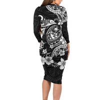Guam Dolphins Tribal Tattoo Family Matching Long Sleeve Bodycon Dress and Hawaiian Shirt Polynesian Art and Tropical Flower Grayscale
