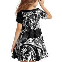 Guam Dolphins Tribal Tattoo Family Matching Off The Shoulder Long Sleeve Dress and Hawaiian Shirt Polynesian Art and Tropical Flower Grayscale