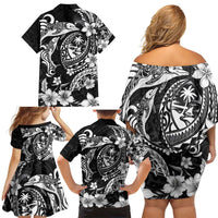 Guam Dolphins Tribal Tattoo Family Matching Off Shoulder Short Dress and Hawaiian Shirt Polynesian Art and Tropical Flower Grayscale