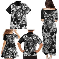 Guam Dolphins Tribal Tattoo Family Matching Puletasi and Hawaiian Shirt Polynesian Art and Tropical Flower Grayscale