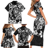 Guam Dolphins Tribal Tattoo Family Matching Short Sleeve Bodycon Dress and Hawaiian Shirt Polynesian Art and Tropical Flower Grayscale