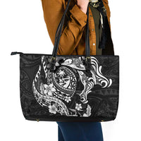 Guam Dolphins Tribal Tattoo Leather Tote Bag Polynesian Art and Tropical Flower Grayscale