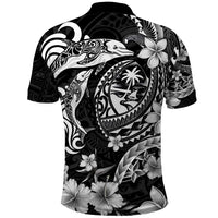 Guam Dolphins Tribal Tattoo Polo Shirt Polynesian Art and Tropical Flower Grayscale
