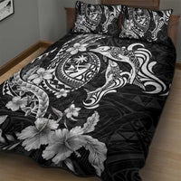 Guam Dolphins Tribal Tattoo Quilt Bed Set Polynesian Art and Tropical Flower Grayscale