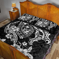 Guam Dolphins Tribal Tattoo Quilt Bed Set Polynesian Art and Tropical Flower Grayscale
