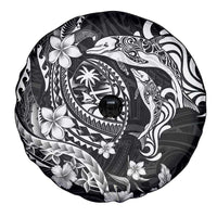 Guam Dolphins Tribal Tattoo Spare Tire Cover Polynesian Art and Tropical Flower Grayscale