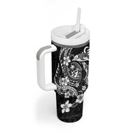 Guam Dolphins Tribal Tattoo Tumbler With Handle Polynesian Art and Tropical Flower Grayscale