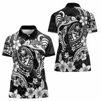 Guam Dolphins Tribal Tattoo Women Polo Shirt Polynesian Art and Tropical Flower Grayscale