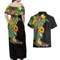Hawaiian Tropical Plants and Chameleon Couples Matching Off Shoulder Maxi Dress and Hawaiian Shirt Polynesian Art Colorful - Polynesian Pride