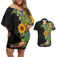 Hawaiian Tropical Plants and Chameleon Couples Matching Off Shoulder Short Dress and Hawaiian Shirt Polynesian Art Colorful - Polynesian Pride