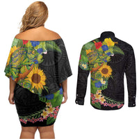Hawaiian Tropical Plants and Chameleon Couples Matching Off Shoulder Short Dress and Long Sleeve Button Shirt Polynesian Art Colorful - Polynesian Pride