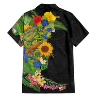 Hawaiian Tropical Plants and Chameleon Family Matching Off Shoulder Short Dress and Hawaiian Shirt Polynesian Art Colorful - Polynesian Pride