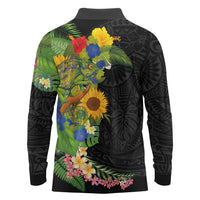 Hawaiian Tropical Plants and Chameleon Long Sleeve Polo Shirt Polynesian Art Colorful - Polynesian Pride