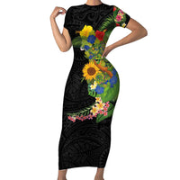 Hawaiian Tropical Plants and Chameleon Short Sleeve Bodycon Dress Polynesian Art Colorful - Polynesian Pride