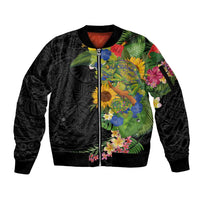 Hawaiian Tropical Plants and Chameleon Sleeve Zip Bomber Jacket Polynesian Art Colorful - Polynesian Pride