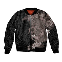 Hawaiian Tropical Plants and Chameleon Bomber Jacket Polynesian Art Grayscale - Polynesian Pride
