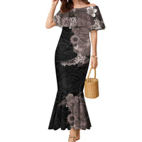 Hawaiian Tropical Plants and Chameleon Family Matching Mermaid Dress and Hawaiian Shirt Polynesian Art Grayscale - Polynesian Pride