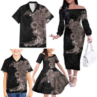 Hawaiian Tropical Plants and Chameleon Family Matching Off The Shoulder Long Sleeve Dress and Hawaiian Shirt Polynesian Art Grayscale - Polynesian Pride