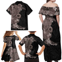 Hawaiian Tropical Plants and Chameleon Family Matching Off Shoulder Maxi Dress and Hawaiian Shirt Polynesian Art Grayscale - Polynesian Pride