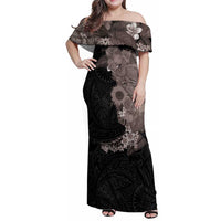 Hawaiian Tropical Plants and Chameleon Family Matching Off Shoulder Maxi Dress and Hawaiian Shirt Polynesian Art Grayscale - Polynesian Pride