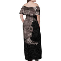 Hawaiian Tropical Plants and Chameleon Family Matching Off Shoulder Maxi Dress and Hawaiian Shirt Polynesian Art Grayscale - Polynesian Pride