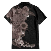 Hawaiian Tropical Plants and Chameleon Family Matching Off Shoulder Short Dress and Hawaiian Shirt Polynesian Art Grayscale - Polynesian Pride