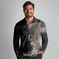 Hawaiian Tropical Plants and Chameleon Long Sleeve Polo Shirt Polynesian Art Grayscale - Polynesian Pride