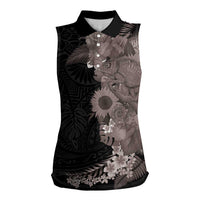Hawaiian Tropical Plants and Chameleon Women Sleeveless Polo Shirt Polynesian Art Grayscale - Polynesian Pride