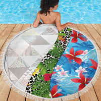 Hawaiian Tropical Flowers and Leaves Beach Blanket on Leopard Pattern Half Style White-Blue Version - Polynesian Pride