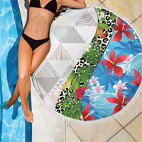 Hawaiian Tropical Flowers and Leaves Beach Blanket on Leopard Pattern Half Style White-Blue Version - Polynesian Pride