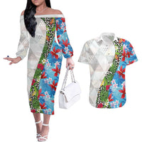 Hawaiian Tropical Flowers and Leaves Couples Matching Off The Shoulder Long Sleeve Dress and Hawaiian Shirt on Leopard Pattern Half Style White-Blue Version - Polynesian Pride