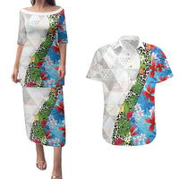 Hawaiian Tropical Flowers and Leaves Couples Matching Puletasi and Hawaiian Shirt on Leopard Pattern Half Style White-Blue Version - Polynesian Pride