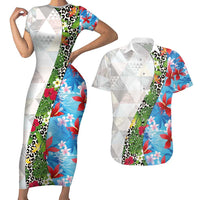 Hawaiian Tropical Flowers and Leaves Couples Matching Short Sleeve Bodycon Dress and Hawaiian Shirt on Leopard Pattern Half Style White-Blue Version - Polynesian Pride