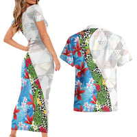 Hawaiian Tropical Flowers and Leaves Couples Matching Short Sleeve Bodycon Dress and Hawaiian Shirt on Leopard Pattern Half Style White-Blue Version - Polynesian Pride
