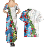 Hawaiian Tropical Flowers and Leaves Couples Matching Summer Maxi Dress and Hawaiian Shirt on Leopard Pattern Half Style White-Blue Version - Polynesian Pride