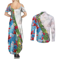 Hawaiian Tropical Flowers and Leaves Couples Matching Summer Maxi Dress and Long Sleeve Button Shirt on Leopard Pattern Half Style White-Blue Version - Polynesian Pride