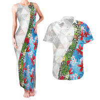 Hawaiian Tropical Flowers and Leaves Couples Matching Tank Maxi Dress and Hawaiian Shirt on Leopard Pattern Half Style White-Blue Version - Polynesian Pride