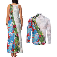 Hawaiian Tropical Flowers and Leaves Couples Matching Tank Maxi Dress and Long Sleeve Button Shirt on Leopard Pattern Half Style White-Blue Version - Polynesian Pride