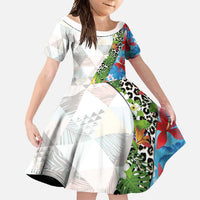 Hawaiian Tropical Flowers and Leaves Family Matching Mermaid Dress and Hawaiian Shirt on Leopard Pattern Half Style White-Blue Version - Polynesian Pride