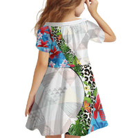 Hawaiian Tropical Flowers and Leaves Family Matching Mermaid Dress and Hawaiian Shirt on Leopard Pattern Half Style White-Blue Version - Polynesian Pride