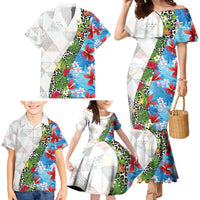 Hawaiian Tropical Flowers and Leaves Family Matching Mermaid Dress and Hawaiian Shirt on Leopard Pattern Half Style White-Blue Version - Polynesian Pride