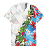 Hawaiian Tropical Flowers and Leaves Family Matching Mermaid Dress and Hawaiian Shirt on Leopard Pattern Half Style White-Blue Version - Polynesian Pride
