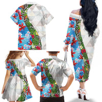 Hawaiian Tropical Flowers and Leaves Family Matching Off The Shoulder Long Sleeve Dress and Hawaiian Shirt on Leopard Pattern Half Style White-Blue Version - Polynesian Pride