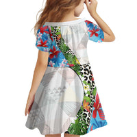 Hawaiian Tropical Flowers and Leaves Family Matching Off Shoulder Maxi Dress and Hawaiian Shirt on Leopard Pattern Half Style White-Blue Version - Polynesian Pride