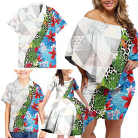 Hawaiian Tropical Flowers and Leaves Family Matching Off Shoulder Short Dress and Hawaiian Shirt on Leopard Pattern Half Style White-Blue Version - Polynesian Pride