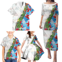 Hawaiian Tropical Flowers and Leaves Family Matching Puletasi and Hawaiian Shirt on Leopard Pattern Half Style White-Blue Version - Polynesian Pride