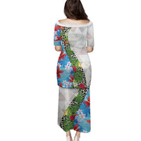 Hawaiian Tropical Flowers and Leaves Family Matching Puletasi and Hawaiian Shirt on Leopard Pattern Half Style White-Blue Version - Polynesian Pride