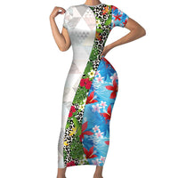 Hawaiian Tropical Flowers and Leaves Family Matching Short Sleeve Bodycon Dress and Hawaiian Shirt on Leopard Pattern Half Style White-Blue Version - Polynesian Pride